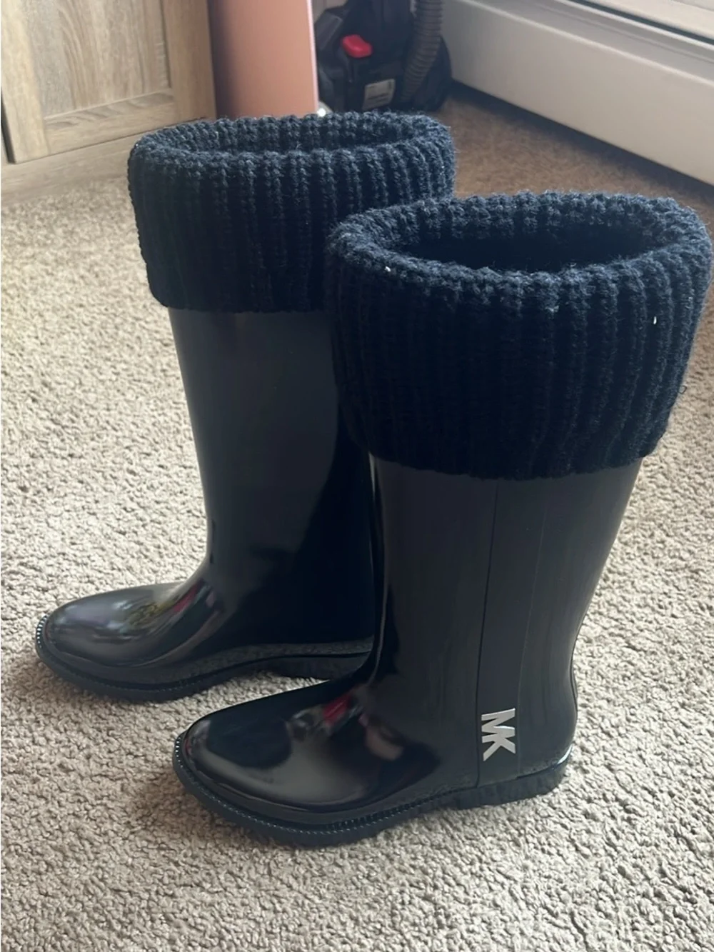 Michael Kors Black Glossy Rain Boots with Knit Cuff